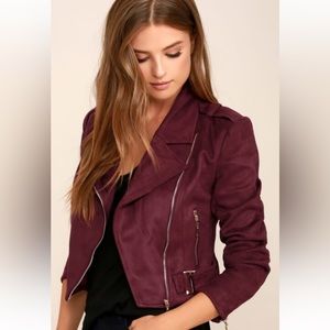 NWT Lulus Tree-Lined Road Burgundy Suede Moto Jacket